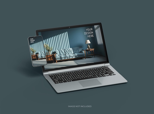 PSD mockup d'un ordinateur portable et d'un téléphone pour votre présentation de conception 3d render