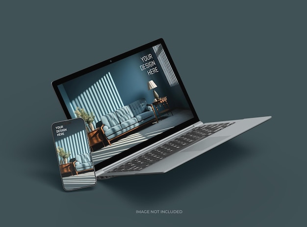 PSD mockup d'un ordinateur portable et d'un téléphone pour votre présentation de conception 3d render