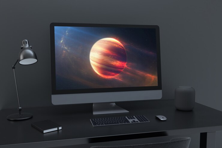 PSD mockup oscuro de espacio de trabajo