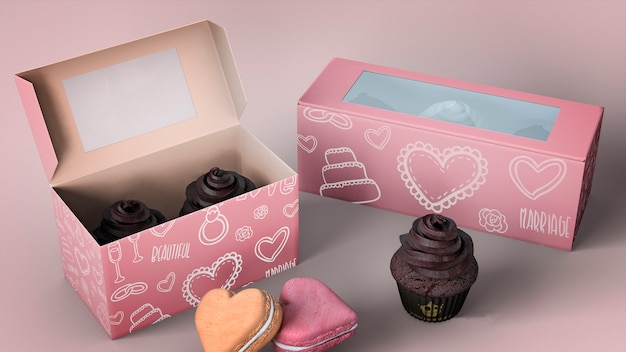 PSD mockup de packaging y marca de cupcakes