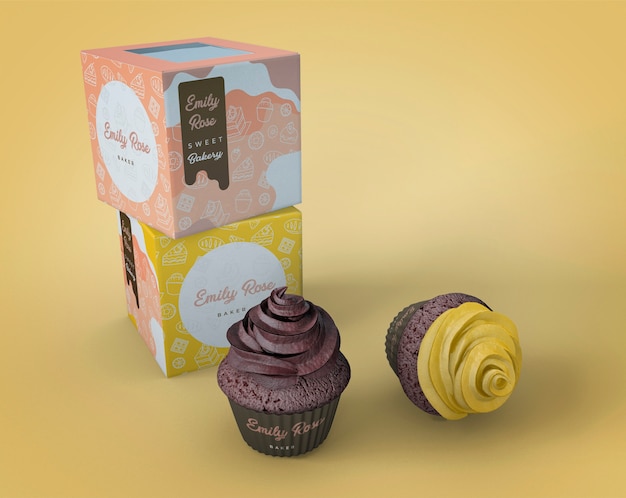 PSD mockup de packaging y marca de cupcakes