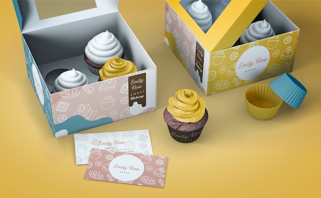 PSD mockup de packaging y marca de cupcakes