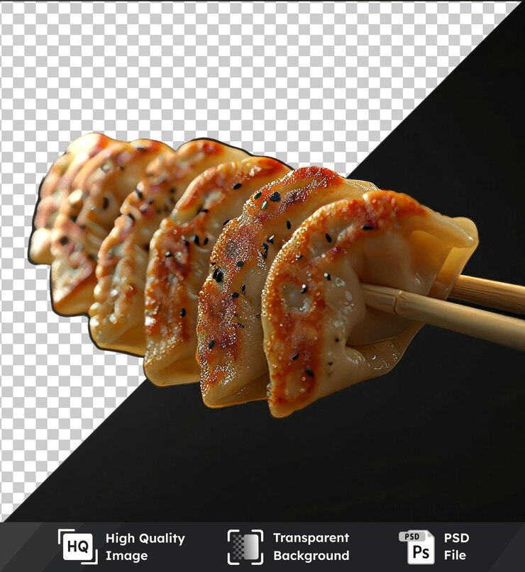 PSD mockup de palillos de comida de primera calidad con gyoza en fondo negro con palo de madera