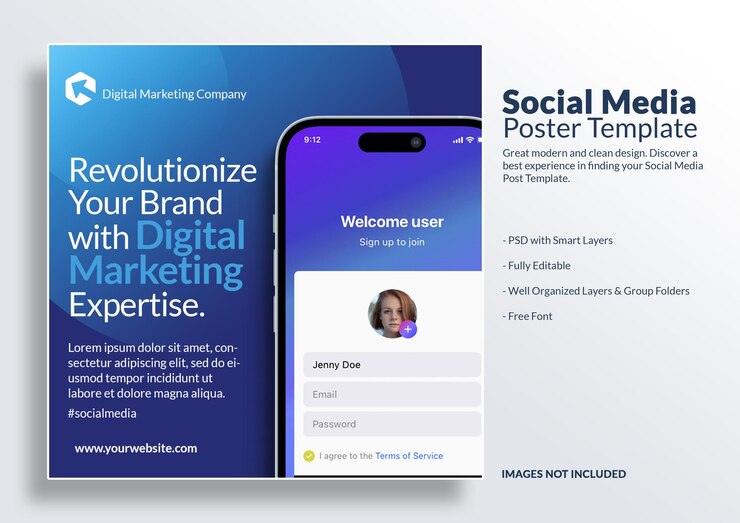 PSD mockup de pantalla de aplicación de teléfono móvil y marketing digital poster de redes sociales plantilla psd