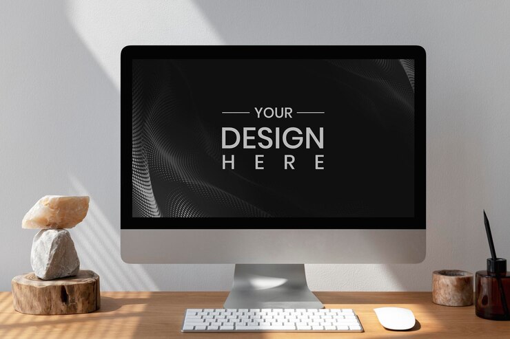 Mockup de pantalla de computadora con decoración minimalista