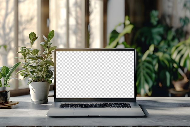 PSD mockup de pantalla de portátil en mesa de madera con decoración de plantas en maceta espacio de trabajo digital