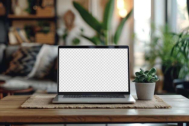 Mockup de pantalla de portátil minimalista en un escritorio de madera con un interior acogedor