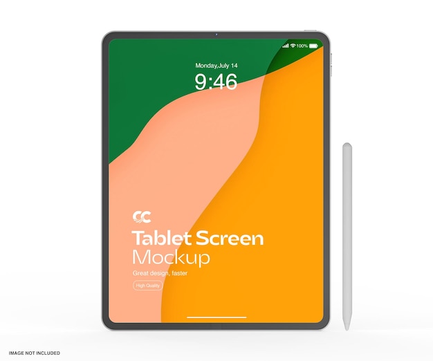 Mockup de pantalla de la tableta con vista delantera del lápiz