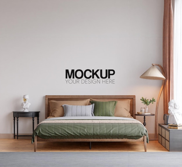 Mockup de la pared del dormitorio interior con representación en 3D y ilustración en 3D