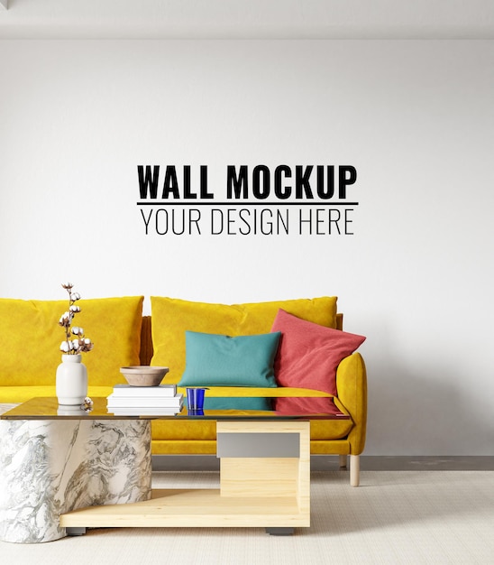 PSD mockup de pared de la sala de estar interior con representación en 3d y ilustración en 3d