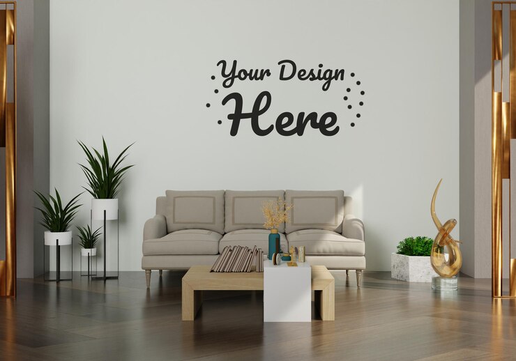 Mockup parete con poltrona in soggiorno con parete biancaxAxASoggiorno moderno con divano arredamento scandinavo di interior designxAxAsofa sedia e piante con parete bianca copia spazio Rendering 3DxA
