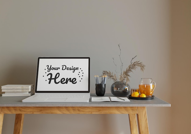 Mockup parete con tavolo in soggiorno con parete biancaxAxAmoderno soggiorno con monitor scandinavo interior design furniturexAxAtable e piante con parete bianca copia spazio Rendering 3D