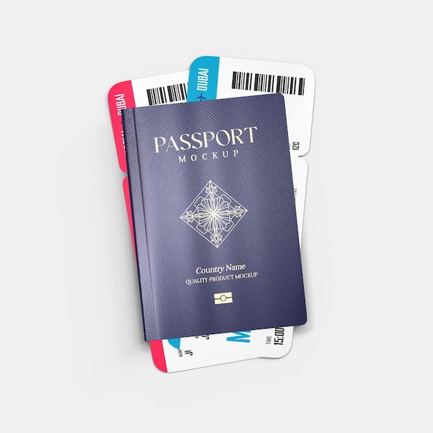 PSD mockup de pasaporte con boleto de embarque