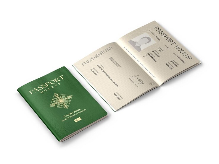 PSD mockup de pasaporte internacional en documentos cerrados y abiertos