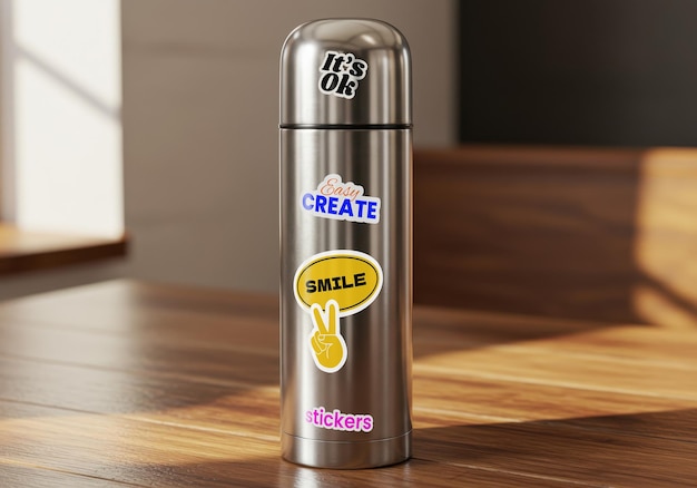 Mockup de las pegatinas de thermos de plata