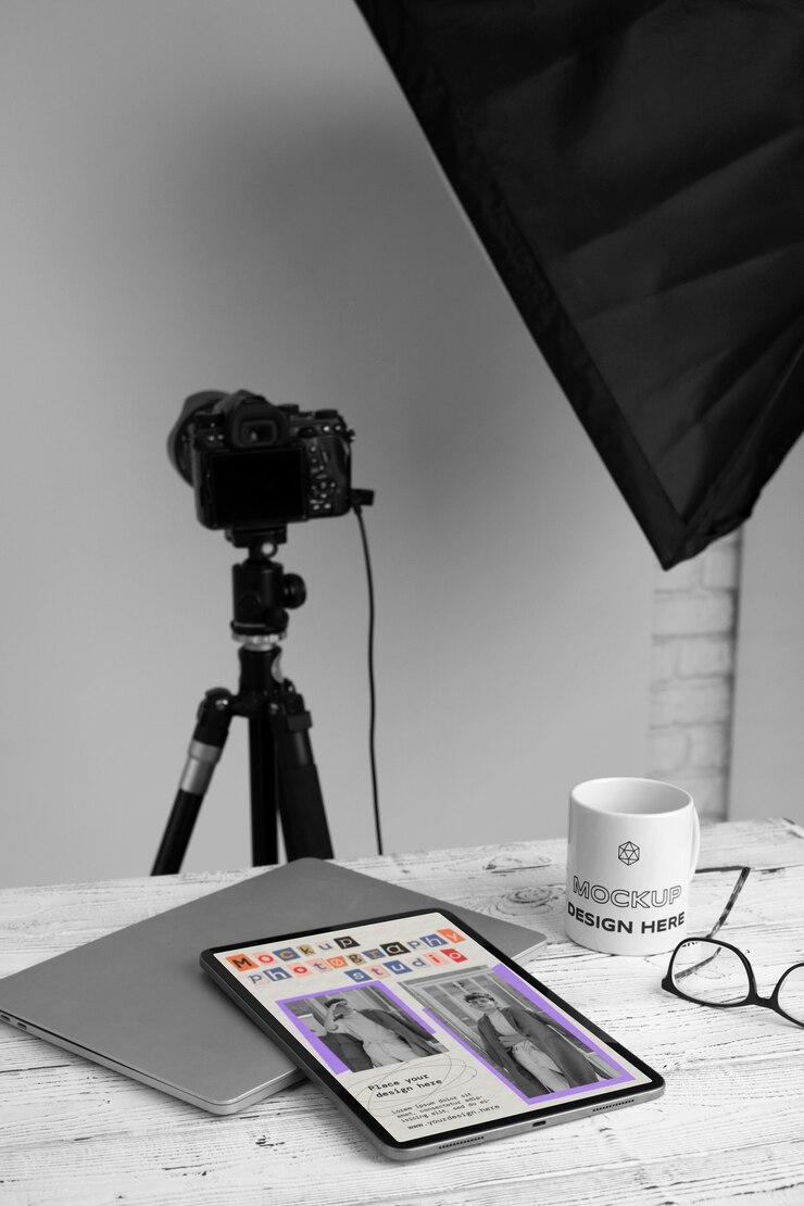 PSD mockup perangkat di studio fotografi
