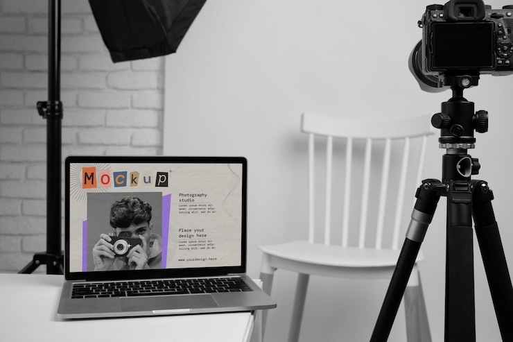 PSD mockup perangkat di studio fotografi