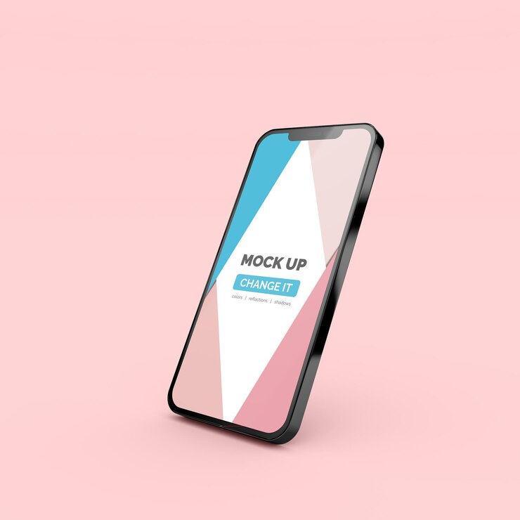 Mockup de photoshop de renderizado móvil para la aplicación de promoción en un fondo limpio Posición inclinada hacia la derecha