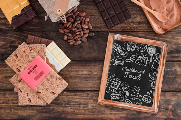 PSD mockup de pizarra con concepto de chocolate