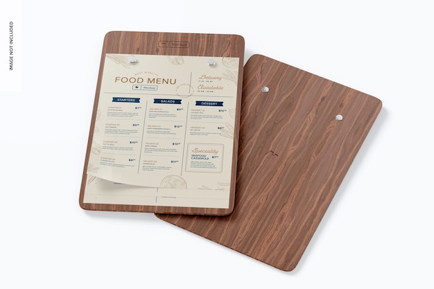 Mockup porta menu in legno, anteriore e posteriore