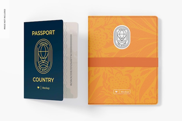 Mockup de porta pasaportes con banda, vista superior