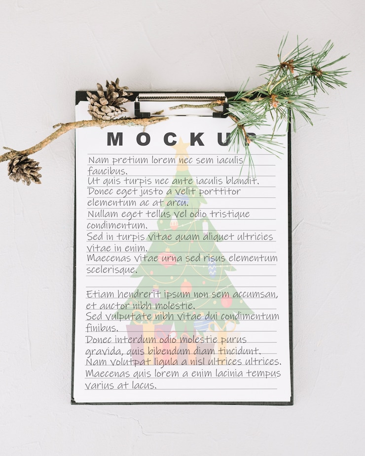 PSD mockup de portapapeles con decoración de navidad