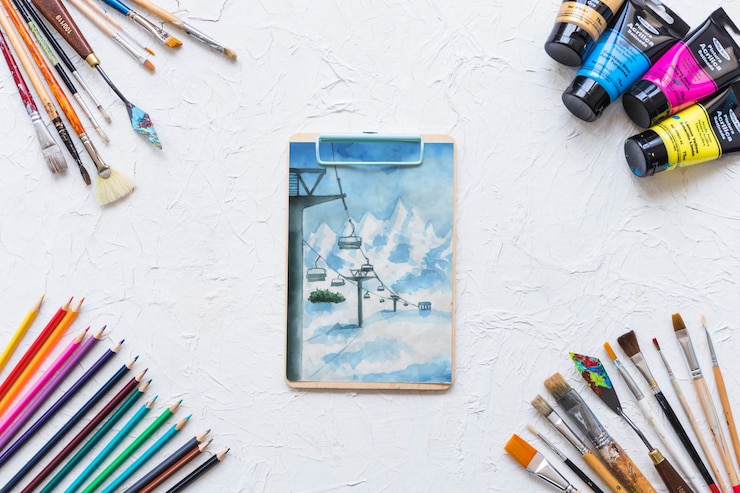 PSD mockup de portapapeles con materiales de pintura