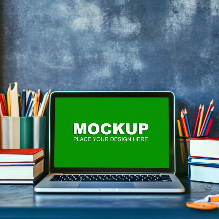 PSD mockup de portátil en un escritorio con suministros escolares
