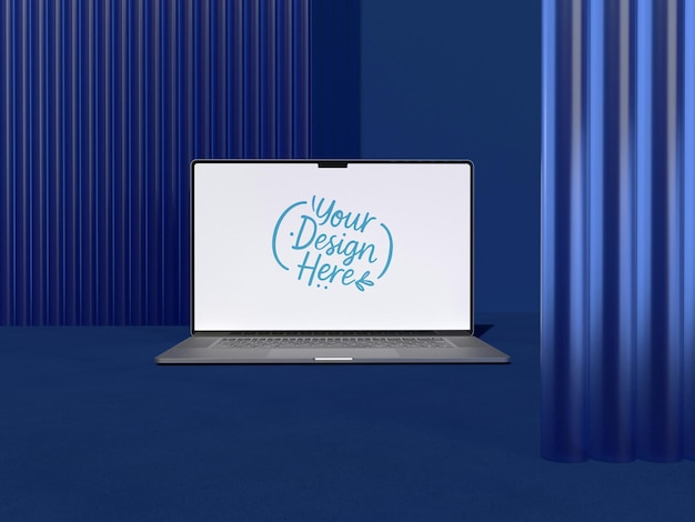 Mockup de portátil con una pantalla en blanco en una superficie azul
