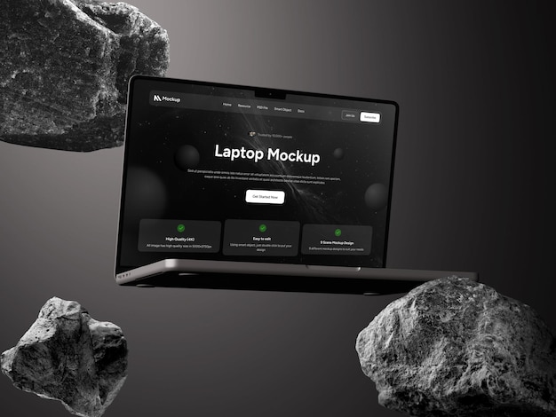 Mockup de portátil que muestra la interfaz del sitio web con rocas flotantes