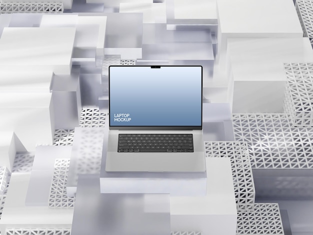 Mockup de portátil sobre un elegante fondo geométrico blanco