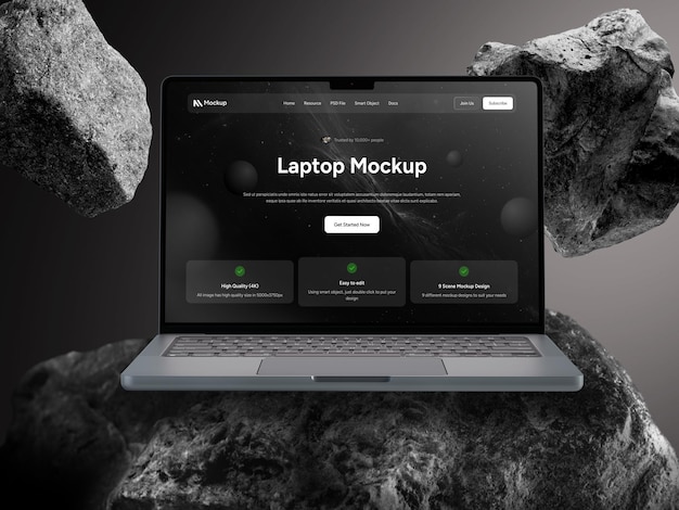 Mockup de portátil con visualización de sitio web en fondo negro