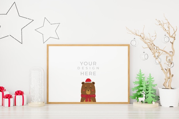 PSD mockup-poster-fotorahmen mit weihnachtsdekoration. 3d gerendert.