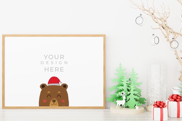 Mockup-Poster-Fotorahmen mit Weihnachtsdekoration. 3D gerendert.