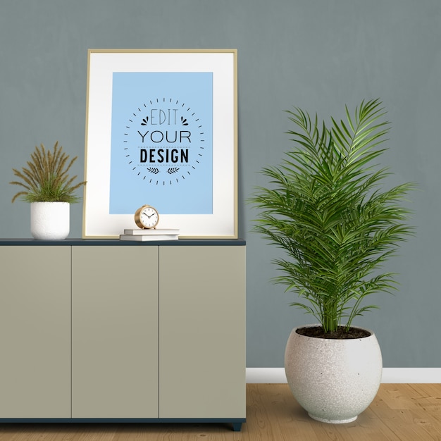 Mockup poster frame con decorazioni per la casa negli interni moderni del soggiorno.