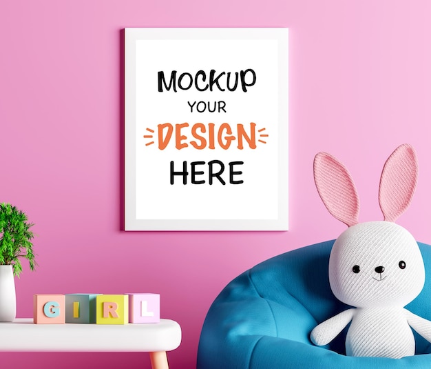 Mockup poster frame con simpatico coniglio per un rendering 3D baby shower