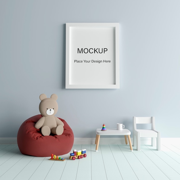 Mockup poster frame con simpatico orsacchiotto per un rendering 3D di baby shower ragazzo