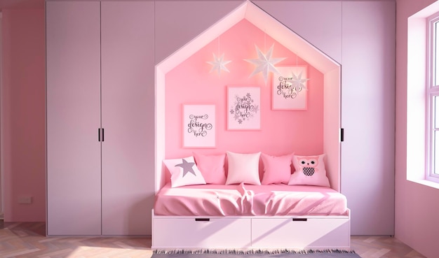 Mockup poster kinder rosa farbe raum mit sternen glühbirnen