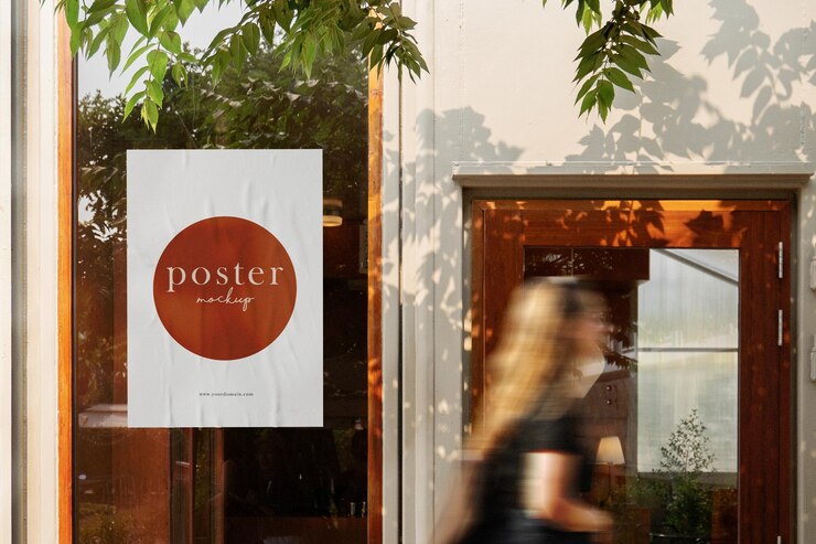 Mockup poster minimo pulito sullo sfondo del caffè con persone che camminano