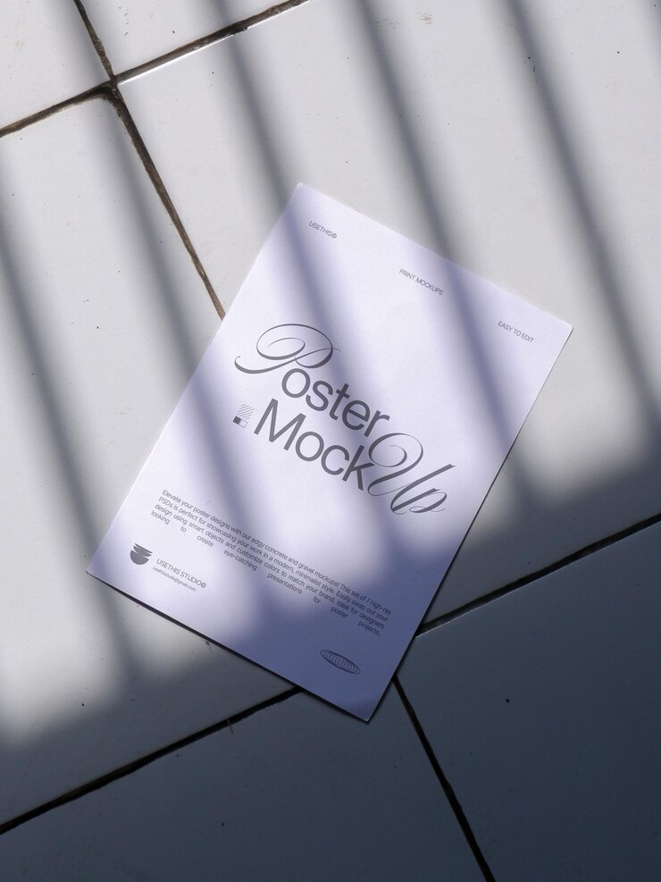 Mockup de póster en superficie de piso blanco con sombra realista