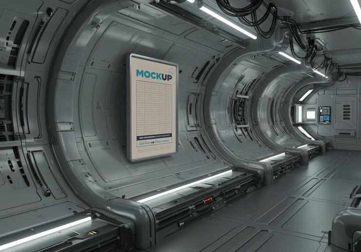 PSD mockup de póster vertical dentro de la nave espacial tecnológica