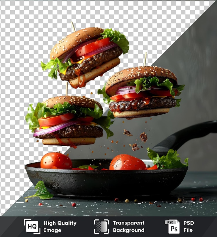 PSD mockup premium de hamburguesas caseras de alta calidad en una sartén con tomates y lechuga en un