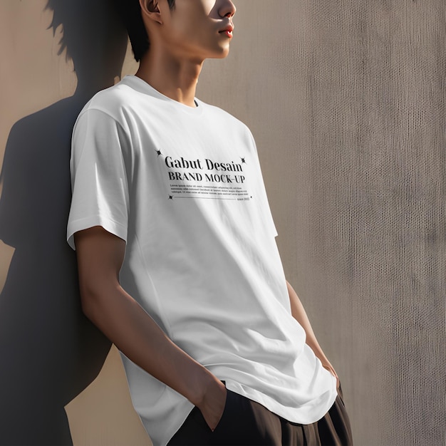 PSD mockup premium de un tipo flaco con una camiseta de gran tamaño psd gratuito