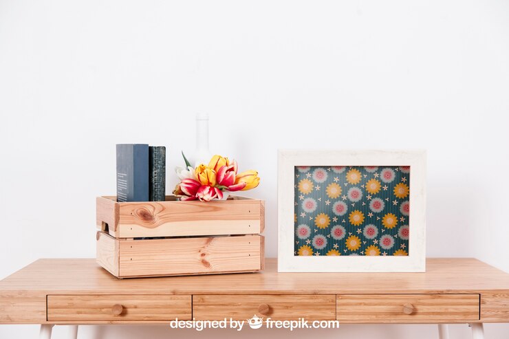 PSD mockup de primavera con marco y caja de madera