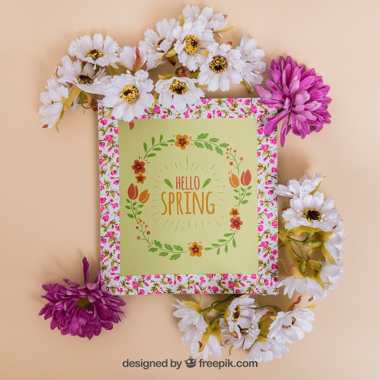 PSD mockup de primavera con marco y diferentes flores
