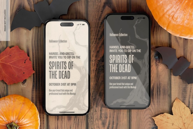 Mockup promozionale di Halloween per iPhone 14 Pro, vista dall'alto