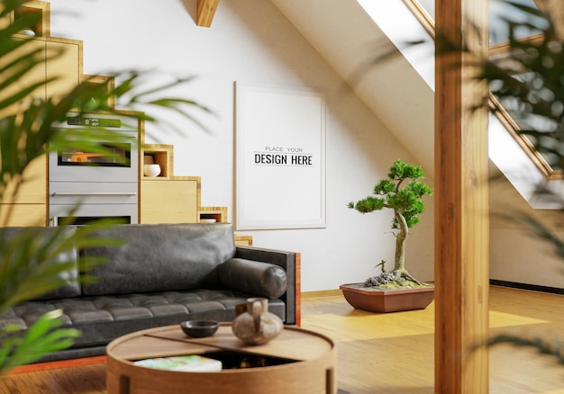 Mockup Psd Bingkai Poster di ruang keluarga