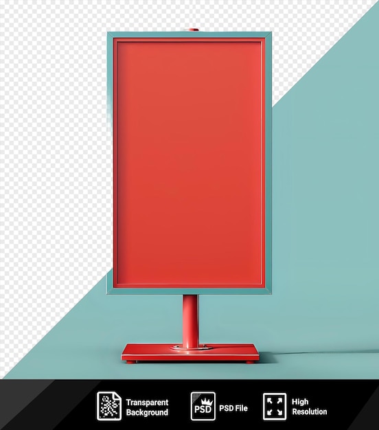 PSD mockup psd de um sinal de informação vermelho em um suporte vermelho contra uma parede azul claro e azul png