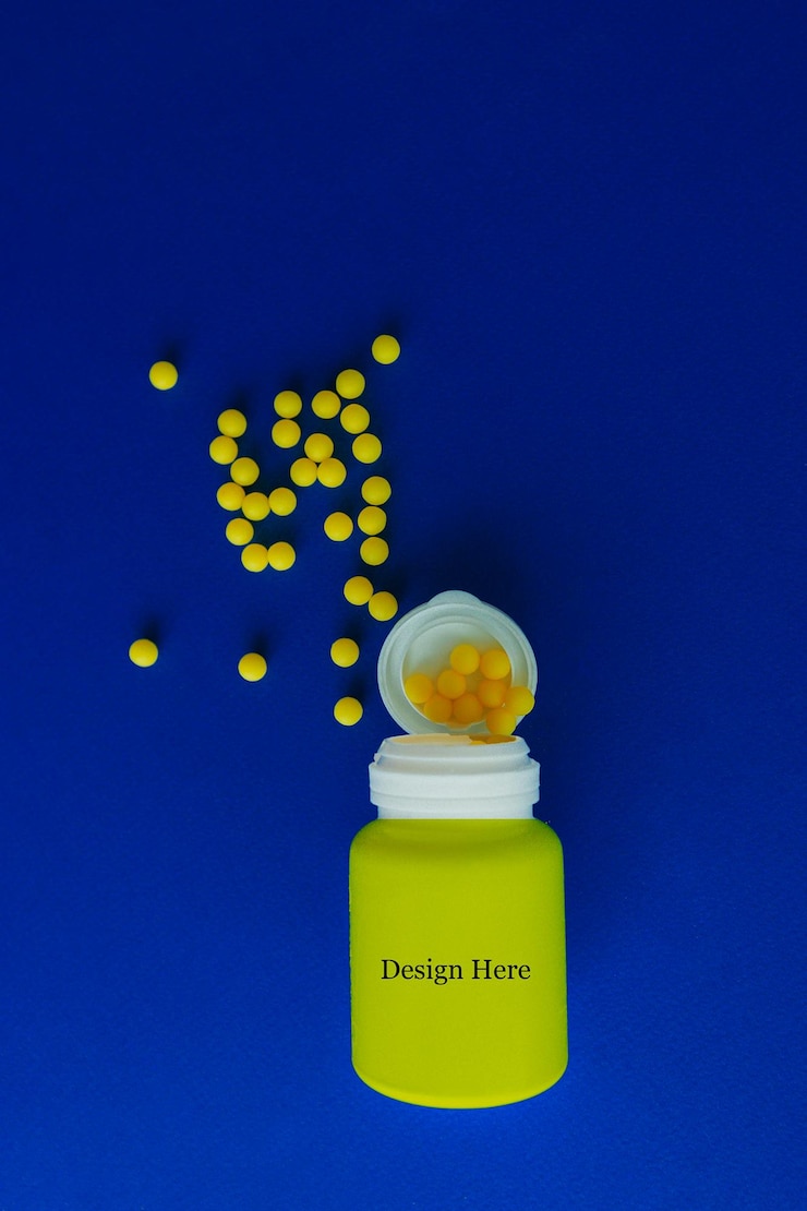 PSD mockup psd di contenitore di farmaci giallo ideale per il marchio farmaceutico