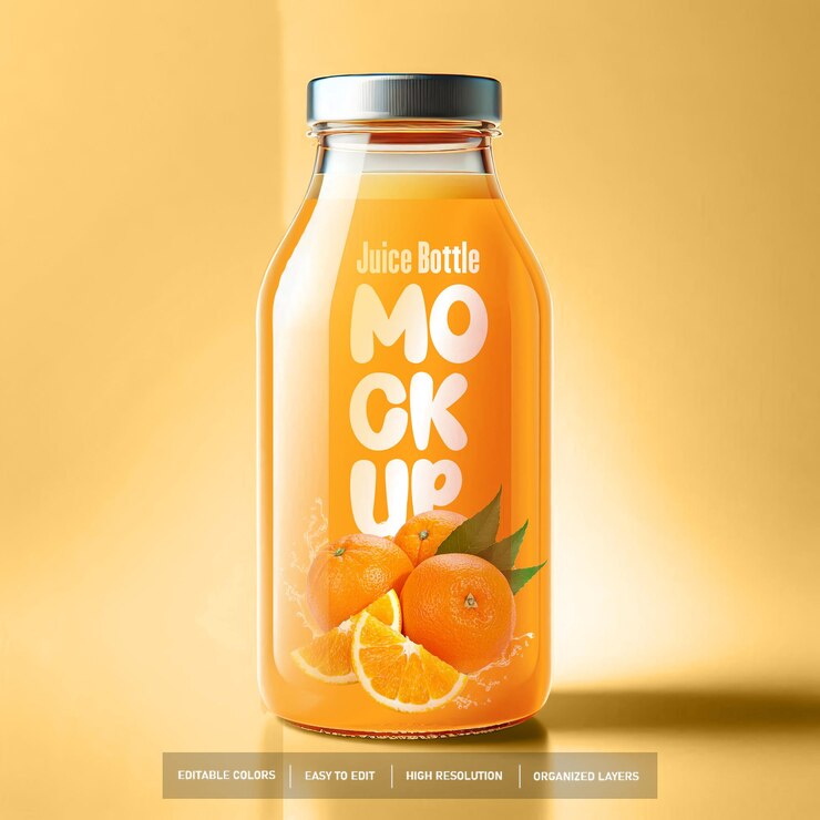 Mockup PSD editable de botella de jugo Mockup llamado botela de jugo mostrado en fondo amarillo